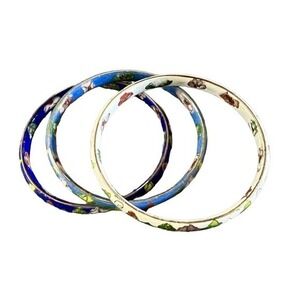 3 Vintage Blue Multicolor Cloisonné Enamel Floral‎ Design Bangle Bracelets EUC
